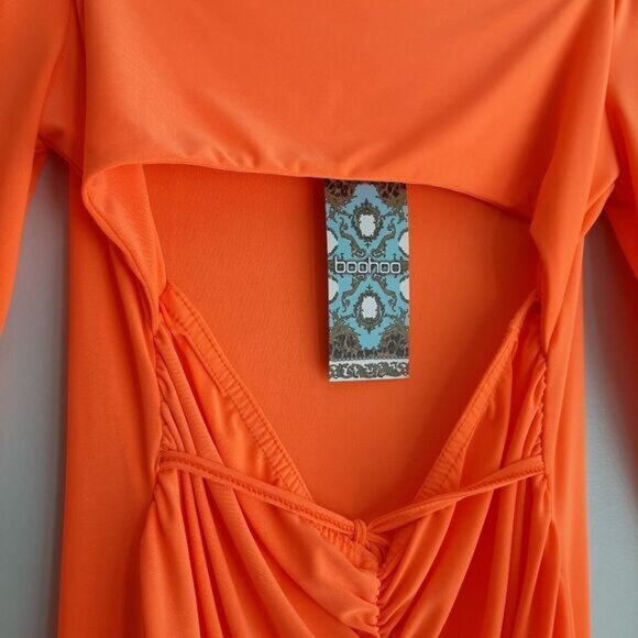 BOOHOO Cut-out Ruched Long Sleeve Mini Dress Orange Sz 8 Flawed - Picture 8 of 14